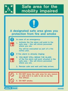 Jalite 5500D Safe Area Fire Action Sign - Photoluminescent - 200 x 150mm (Self-Adhesive Vinyl Version)